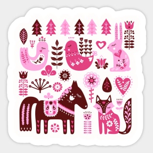 Raspberry And Cream Scandinavian Folk Art Forest Friends Sticker